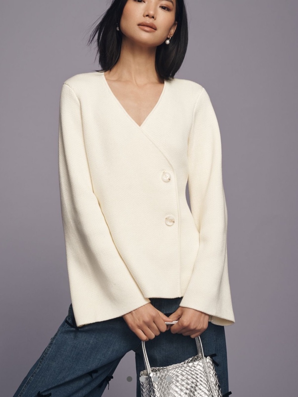 Anthropologie Endless Rose Two Button Cream Cinched Cardigan Sweater XS/S